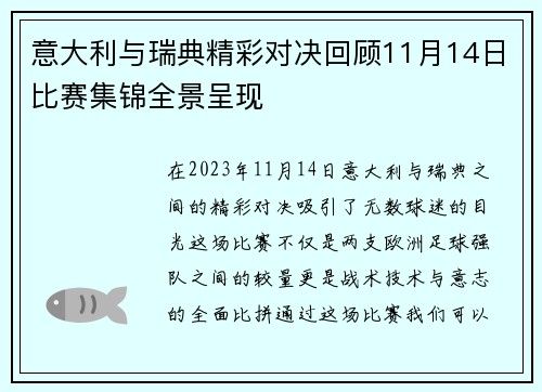 意大利与瑞典精彩对决回顾11月14日比赛集锦全景呈现